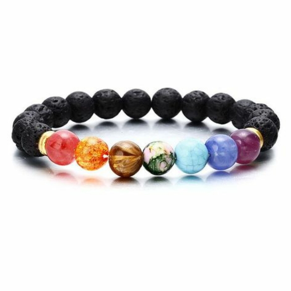 Jewelry - Lava Stone Rock Elastic Bracelet Rainbow 7 Chakras